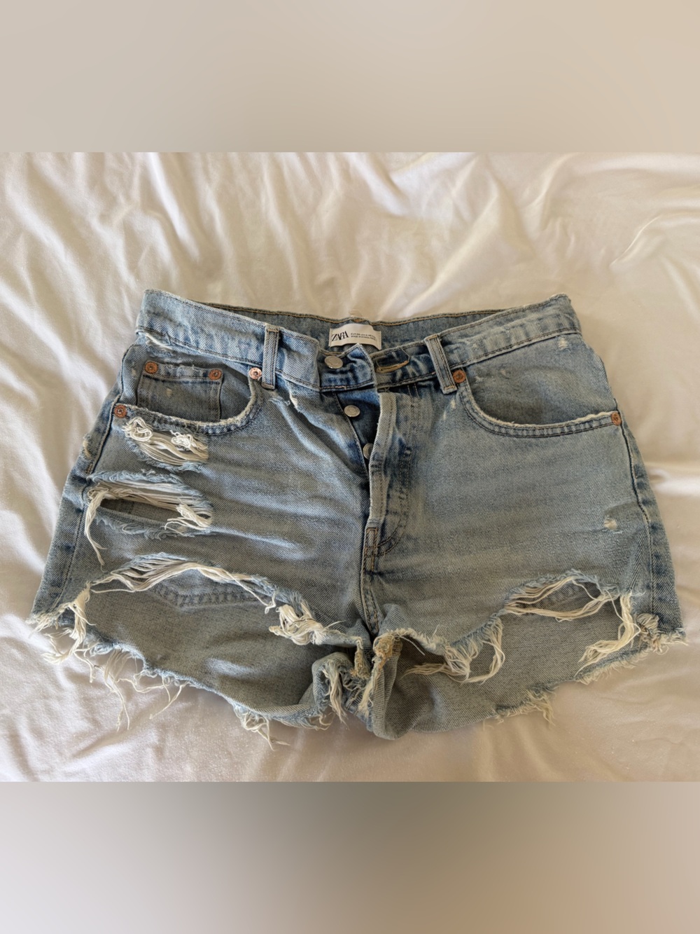Zara Light Blue Ripped Denim Shorts